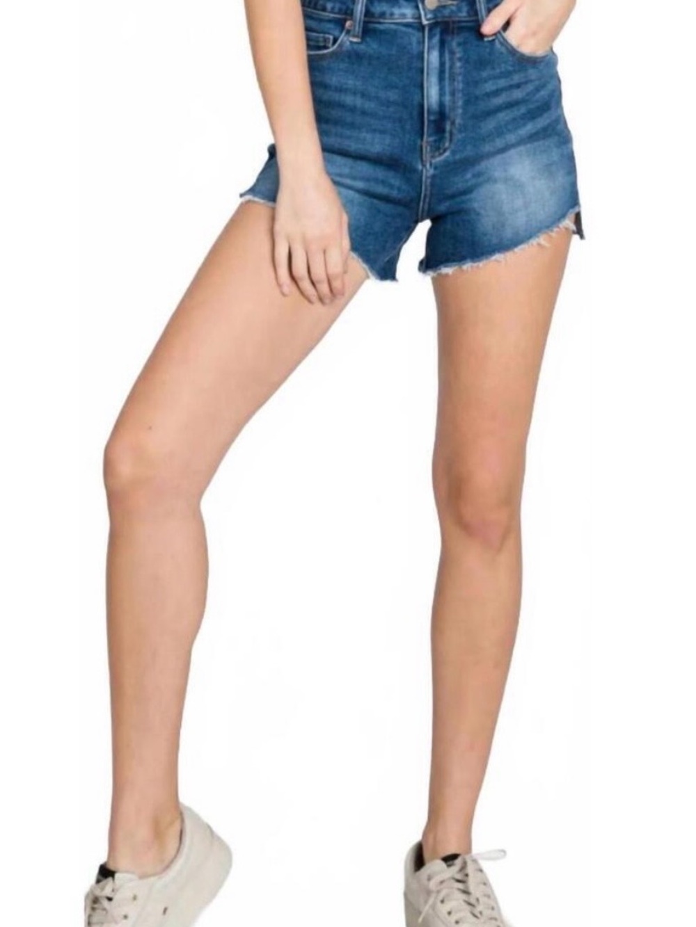 High-Waist Raw Hem Denim Shorts - Blue